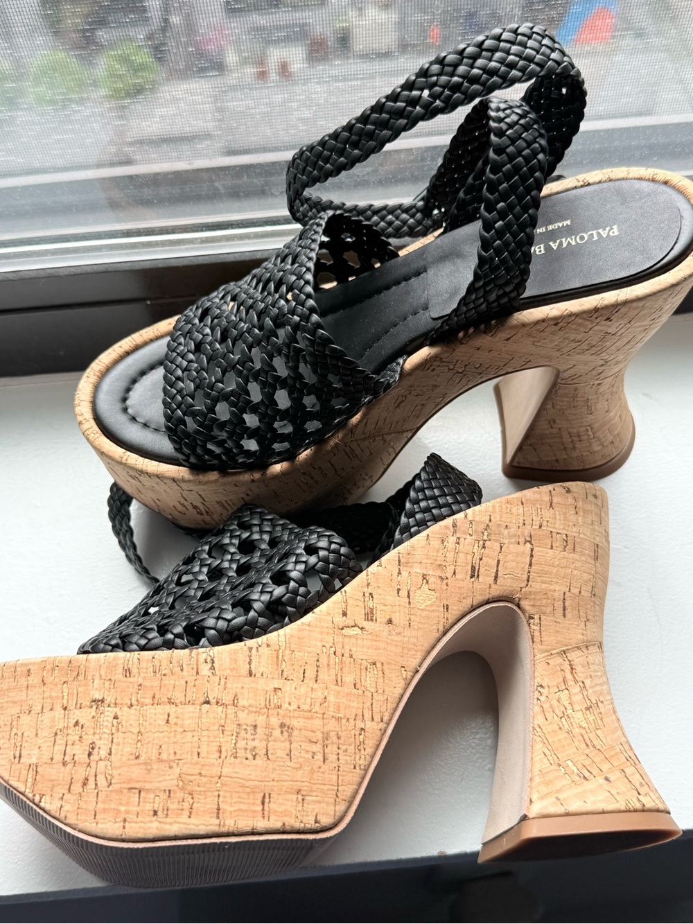 Paloma Barcelo Black Braided Leather Cork Platform Sandals